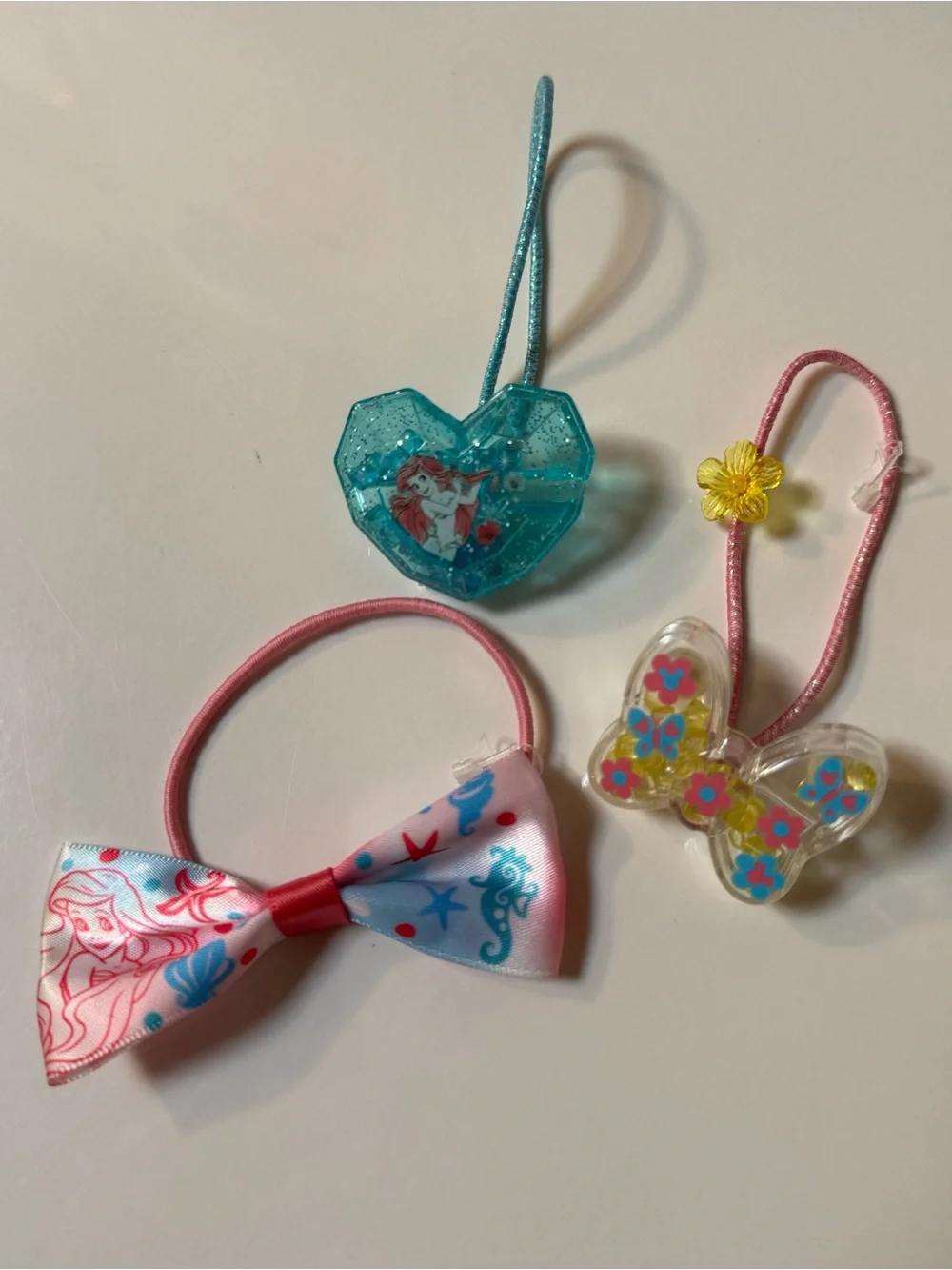Tokyo DisneySea Ariel Pink Bow, Teal Heart & tinker bell Butterfly Hair Tie Set